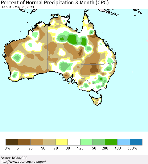 Australia Percent of Normal Precipitation 3-Month (CPC) Thematic Map For 2/26/2023 - 5/25/2023