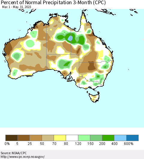 Australia Percent of Normal Precipitation 3-Month (CPC) Thematic Map For 3/1/2023 - 5/31/2023