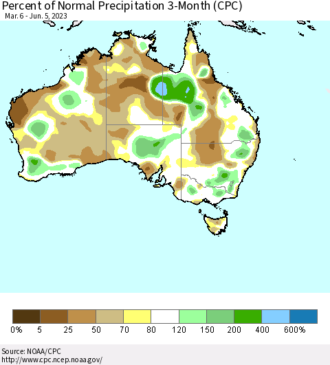 Australia Percent of Normal Precipitation 3-Month (CPC) Thematic Map For 3/6/2023 - 6/5/2023