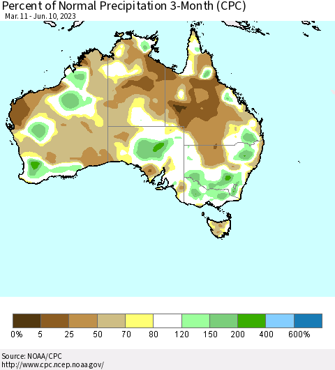 Australia Percent of Normal Precipitation 3-Month (CPC) Thematic Map For 3/11/2023 - 6/10/2023