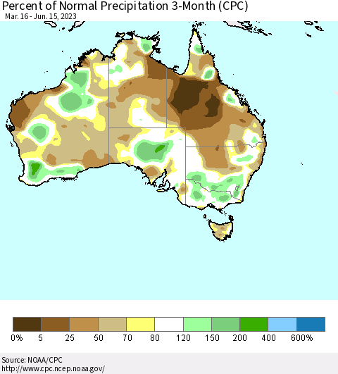 Australia Percent of Normal Precipitation 3-Month (CPC) Thematic Map For 3/16/2023 - 6/15/2023