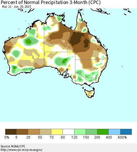 Australia Percent of Normal Precipitation 3-Month (CPC) Thematic Map For 3/21/2023 - 6/20/2023