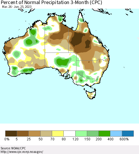 Australia Percent of Normal Precipitation 3-Month (CPC) Thematic Map For 3/26/2023 - 6/25/2023