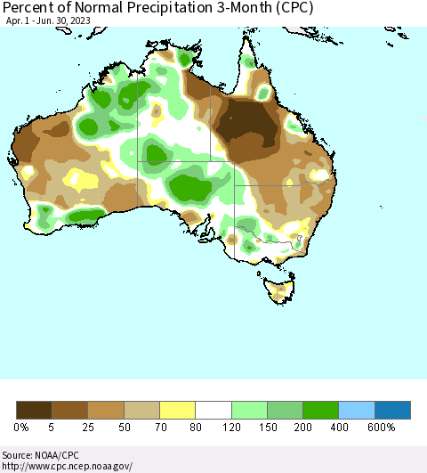 Australia Percent of Normal Precipitation 3-Month (CPC) Thematic Map For 4/1/2023 - 6/30/2023