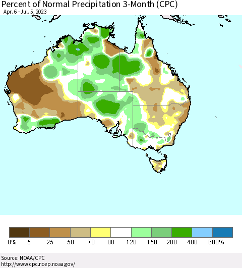 Australia Percent of Normal Precipitation 3-Month (CPC) Thematic Map For 4/6/2023 - 7/5/2023