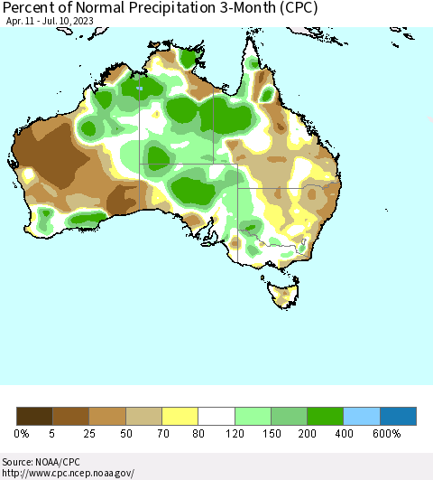 Australia Percent of Normal Precipitation 3-Month (CPC) Thematic Map For 4/11/2023 - 7/10/2023