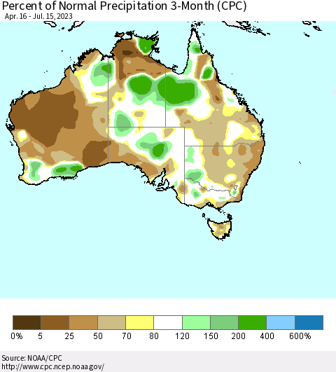 Australia Percent of Normal Precipitation 3-Month (CPC) Thematic Map For 4/16/2023 - 7/15/2023