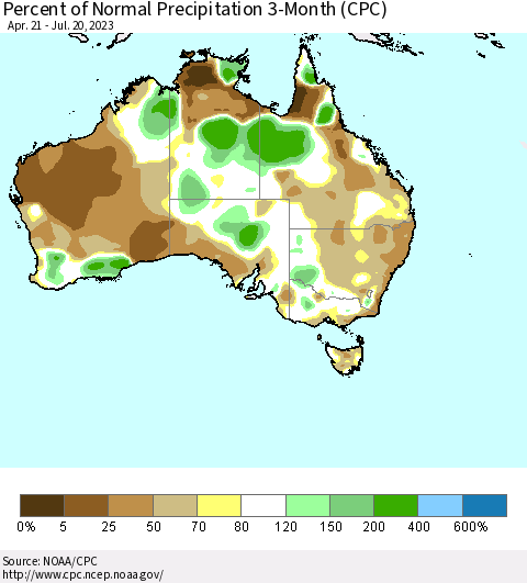 Australia Percent of Normal Precipitation 3-Month (CPC) Thematic Map For 4/21/2023 - 7/20/2023