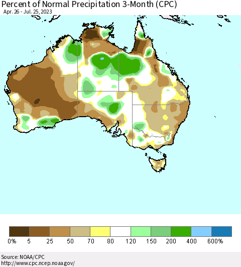 Australia Percent of Normal Precipitation 3-Month (CPC) Thematic Map For 4/26/2023 - 7/25/2023