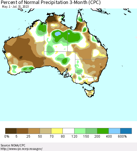 Australia Percent of Normal Precipitation 3-Month (CPC) Thematic Map For 5/1/2023 - 7/31/2023