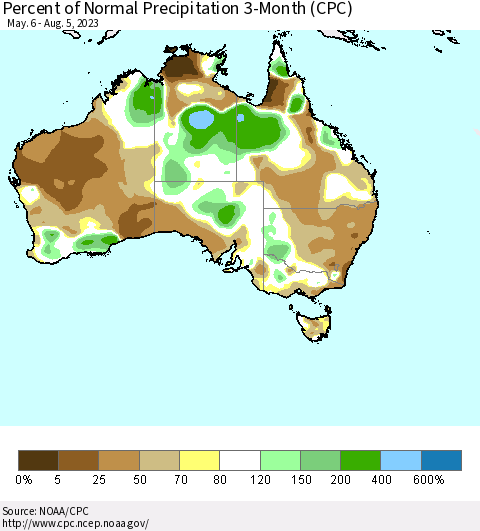 Australia Percent of Normal Precipitation 3-Month (CPC) Thematic Map For 5/6/2023 - 8/5/2023