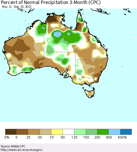 Australia Percent of Normal Precipitation 3-Month (CPC) Thematic Map For 5/11/2023 - 8/10/2023