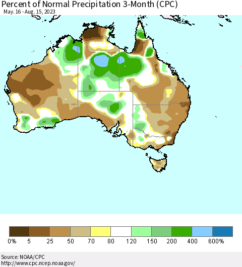 Australia Percent of Normal Precipitation 3-Month (CPC) Thematic Map For 5/16/2023 - 8/15/2023