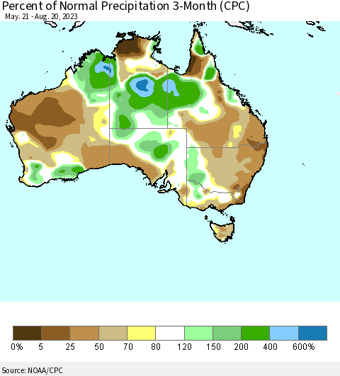 Australia Percent of Normal Precipitation 3-Month (CPC) Thematic Map For 5/21/2023 - 8/20/2023