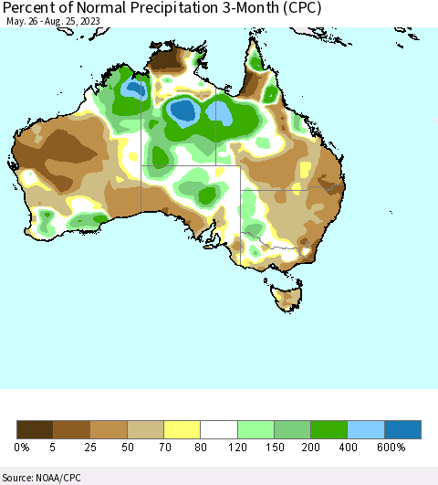 Australia Percent of Normal Precipitation 3-Month (CPC) Thematic Map For 5/26/2023 - 8/25/2023