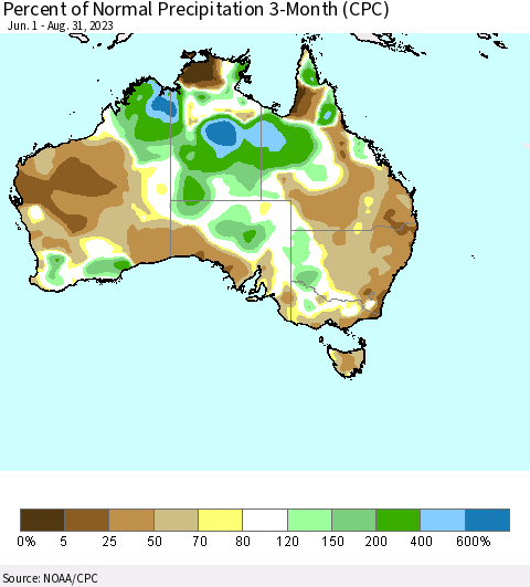 Australia Percent of Normal Precipitation 3-Month (CPC) Thematic Map For 6/1/2023 - 8/31/2023