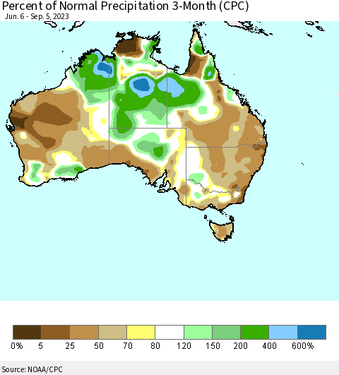 Australia Percent of Normal Precipitation 3-Month (CPC) Thematic Map For 6/6/2023 - 9/5/2023