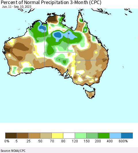Australia Percent of Normal Precipitation 3-Month (CPC) Thematic Map For 6/11/2023 - 9/10/2023
