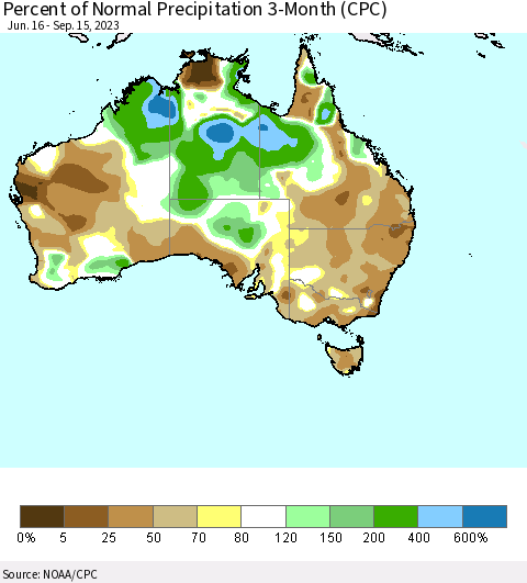 Australia Percent of Normal Precipitation 3-Month (CPC) Thematic Map For 6/16/2023 - 9/15/2023