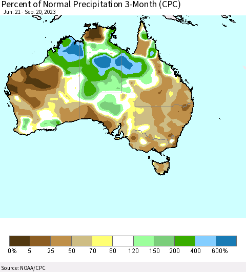 Australia Percent of Normal Precipitation 3-Month (CPC) Thematic Map For 6/21/2023 - 9/20/2023
