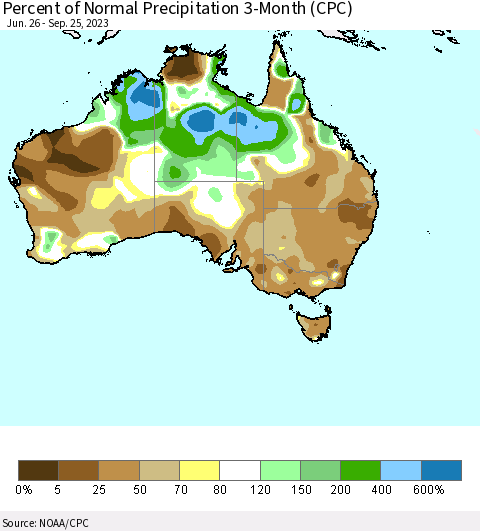 Australia Percent of Normal Precipitation 3-Month (CPC) Thematic Map For 6/26/2023 - 9/25/2023