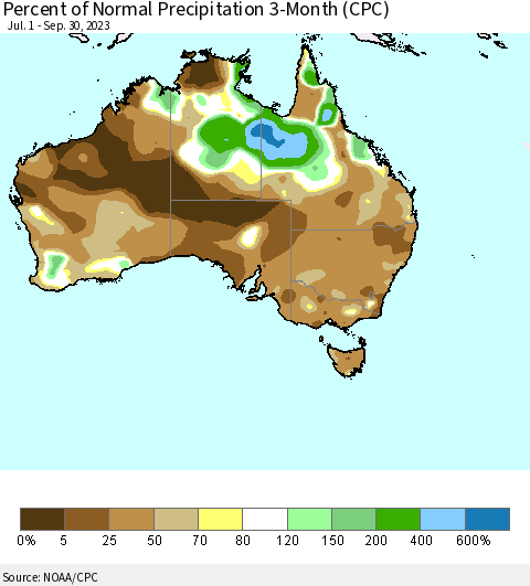 Australia Percent of Normal Precipitation 3-Month (CPC) Thematic Map For 7/1/2023 - 9/30/2023
