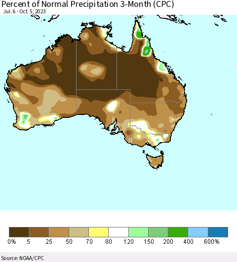 Australia Percent of Normal Precipitation 3-Month (CPC) Thematic Map For 7/6/2023 - 10/5/2023