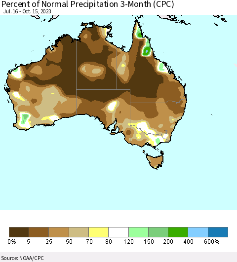 Australia Percent of Normal Precipitation 3-Month (CPC) Thematic Map For 7/16/2023 - 10/15/2023