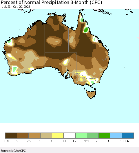 Australia Percent of Normal Precipitation 3-Month (CPC) Thematic Map For 7/21/2023 - 10/20/2023