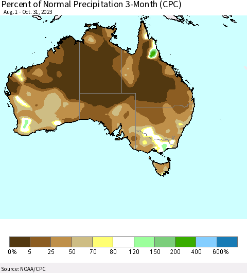 Australia Percent of Normal Precipitation 3-Month (CPC) Thematic Map For 8/1/2023 - 10/31/2023