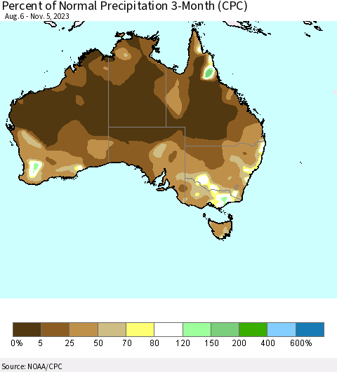 Australia Percent of Normal Precipitation 3-Month (CPC) Thematic Map For 8/6/2023 - 11/5/2023