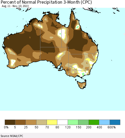 Australia Percent of Normal Precipitation 3-Month (CPC) Thematic Map For 8/11/2023 - 11/10/2023