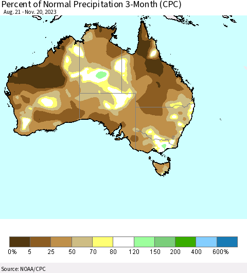Australia Percent of Normal Precipitation 3-Month (CPC) Thematic Map For 8/21/2023 - 11/20/2023