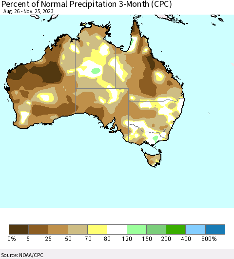Australia Percent of Normal Precipitation 3-Month (CPC) Thematic Map For 8/26/2023 - 11/25/2023