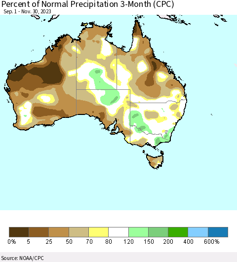 Australia Percent of Normal Precipitation 3-Month (CPC) Thematic Map For 9/1/2023 - 11/30/2023