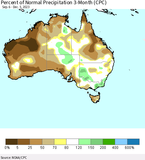 Australia Percent of Normal Precipitation 3-Month (CPC) Thematic Map For 9/6/2023 - 12/5/2023