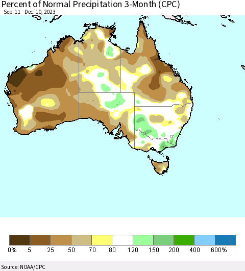 Australia Percent of Normal Precipitation 3-Month (CPC) Thematic Map For 9/11/2023 - 12/10/2023
