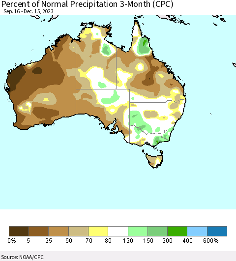 Australia Percent of Normal Precipitation 3-Month (CPC) Thematic Map For 9/16/2023 - 12/15/2023