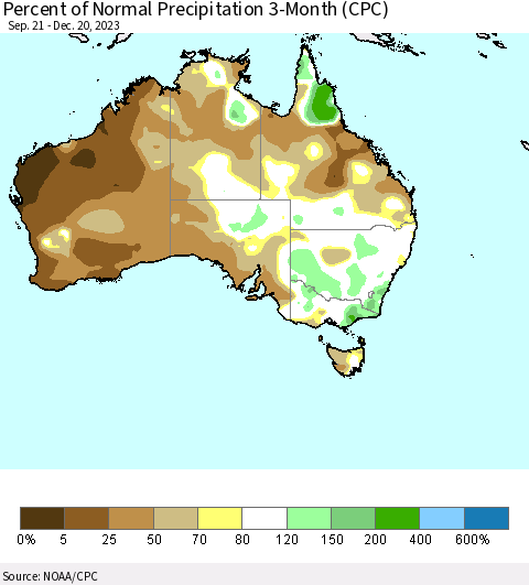 Australia Percent of Normal Precipitation 3-Month (CPC) Thematic Map For 9/21/2023 - 12/20/2023