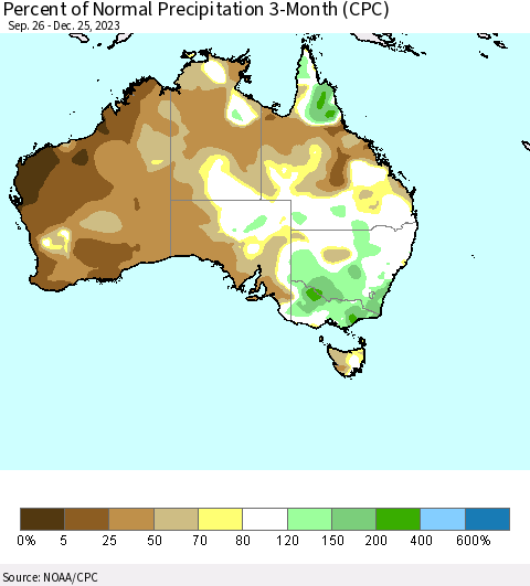 Australia Percent of Normal Precipitation 3-Month (CPC) Thematic Map For 9/26/2023 - 12/25/2023