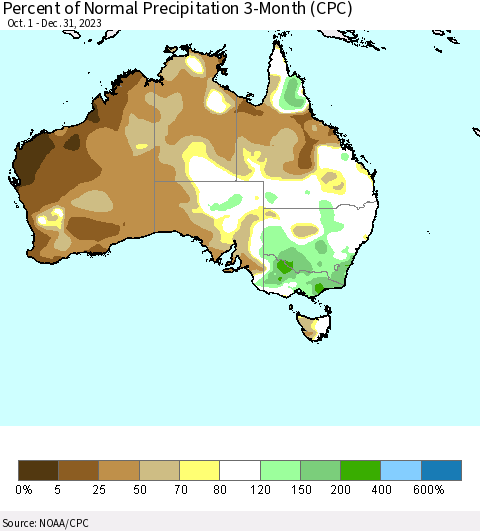 Australia Percent of Normal Precipitation 3-Month (CPC) Thematic Map For 10/1/2023 - 12/31/2023