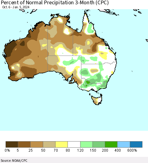 Australia Percent of Normal Precipitation 3-Month (CPC) Thematic Map For 10/6/2023 - 1/5/2024