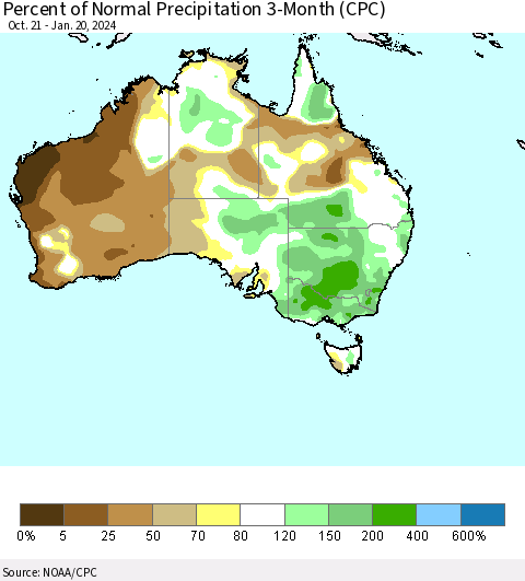 Australia Percent of Normal Precipitation 3-Month (CPC) Thematic Map For 10/21/2023 - 1/20/2024