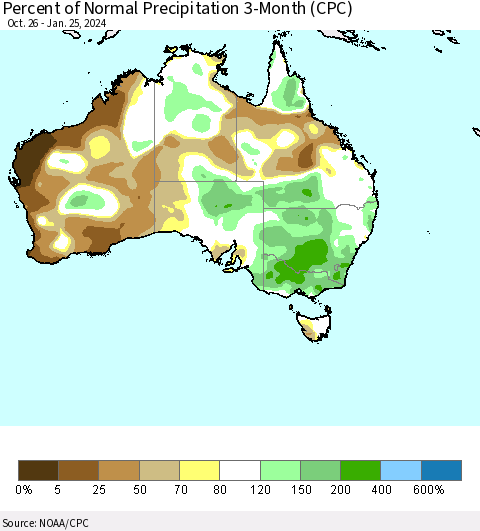 Australia Percent of Normal Precipitation 3-Month (CPC) Thematic Map For 10/26/2023 - 1/25/2024
