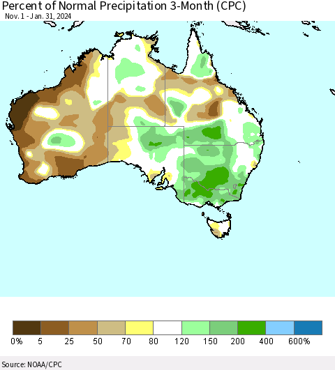 Australia Percent of Normal Precipitation 3-Month (CPC) Thematic Map For 11/1/2023 - 1/31/2024