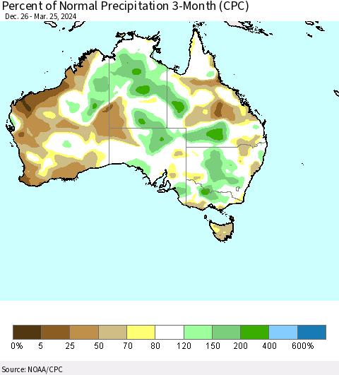 Australia Percent of Normal Precipitation 3-Month (CPC) Thematic Map For 12/26/2023 - 3/25/2024
