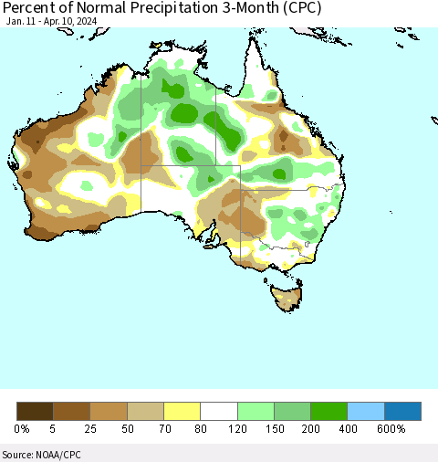 Australia Percent of Normal Precipitation 3-Month (CPC) Thematic Map For 1/11/2024 - 4/10/2024