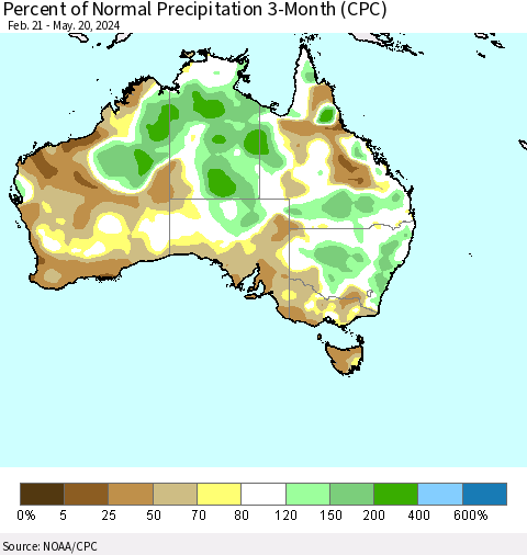Australia Percent of Normal Precipitation 3-Month (CPC) Thematic Map For 2/21/2024 - 5/20/2024