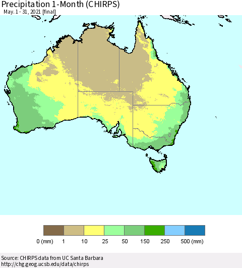 Australia Precipitation 1-Month (CHIRPS) Thematic Map For 5/1/2021 - 5/31/2021