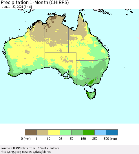 Australia Precipitation 1-Month (CHIRPS) Thematic Map For 6/1/2021 - 6/30/2021